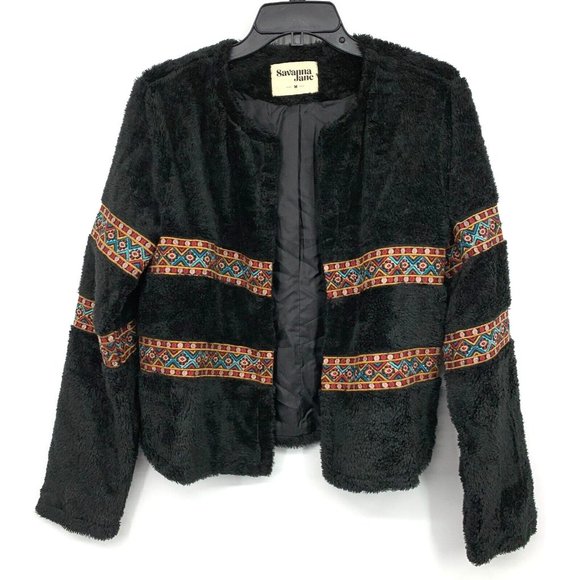 Savanna Jane Jacket Black Embroidered Aztec Faux Fur Open Front - Picture 1 of 9